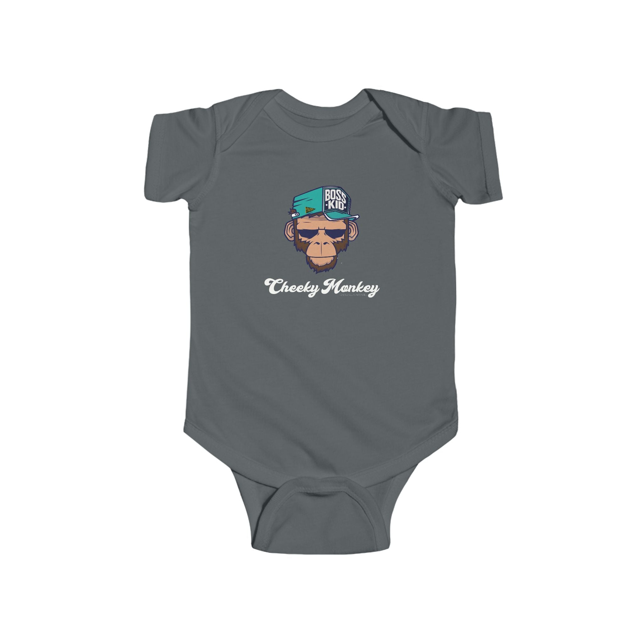 Gray baby onesie with a monkey graphic and text on a white background